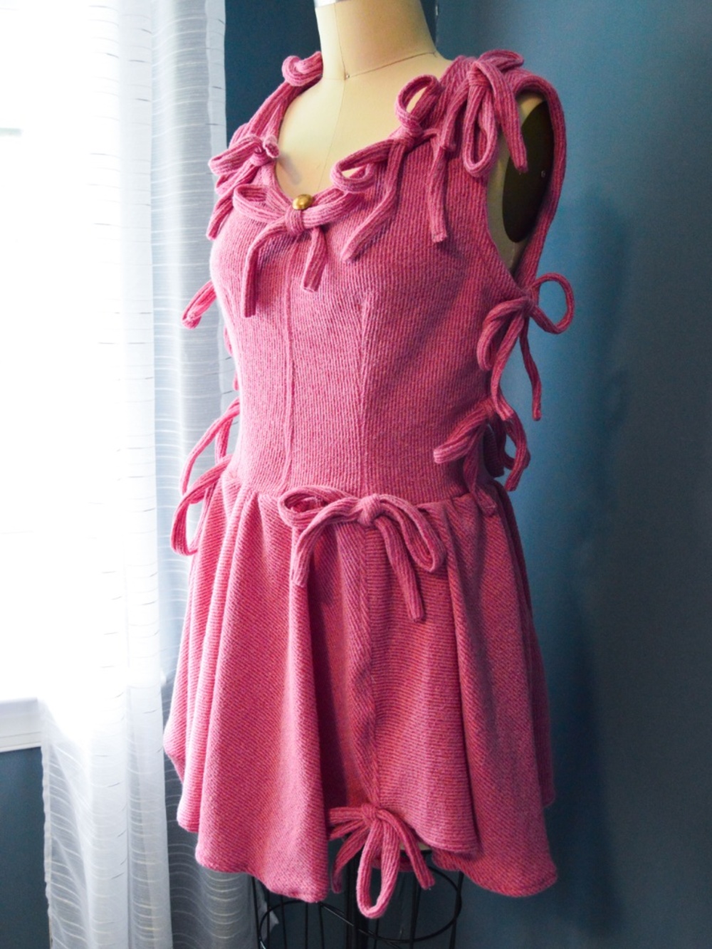 One of One Handmade, Dusty Pink Asymmetrical Soft Knit Mini Dress, with Bows - Picture 5 of 17